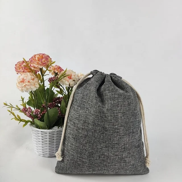 Grey Custom Logo Embroidery Jute Hessian Burlap Gift Drawstring Bag Soft Jute Jewelry Pouch Bag With Logo Wholesale