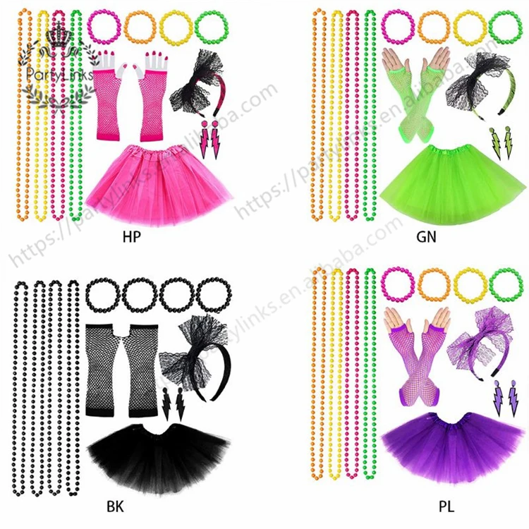 Women 80s Fancy Dress Accessories Retro Party Costume Set Adult Tutu Skirt Neon Fishnet Gloves Beaded Necklace Bracelet Earrings