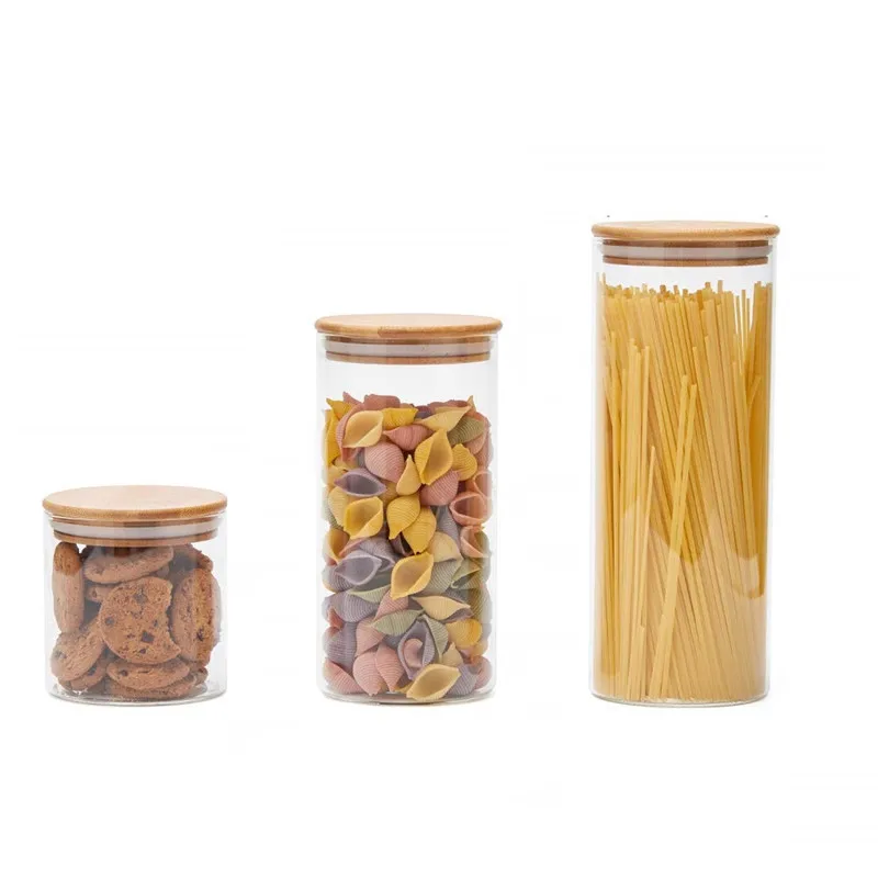 manufacture Home usage Clear Glass spice jar Borosilicate glass storage jar with bamboo lid for tube shaped