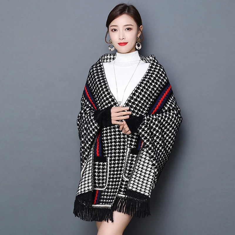 
Fashion Autumn and Winter Mink Cape Shawl Wth Sleeves Houndstooth Striped Cloak Stoles And Shawls Women 