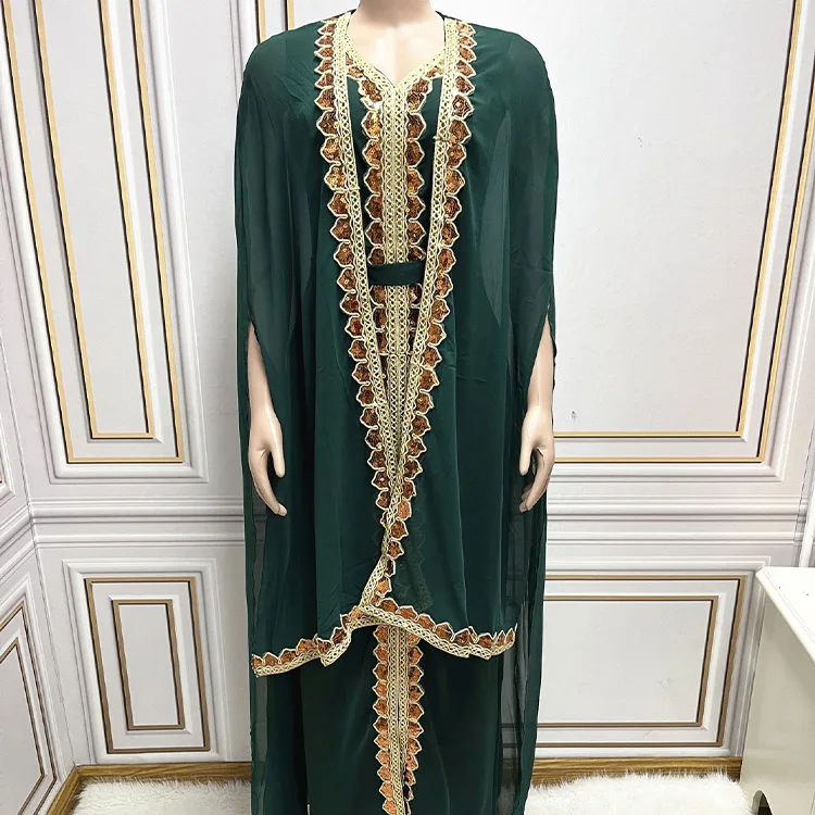 2024 Sequins Arabic Dresses Luxury Abaya Dubai Gown Cape Robes Kaftan Modest Muslim Evening Dresses With Long Sleeves