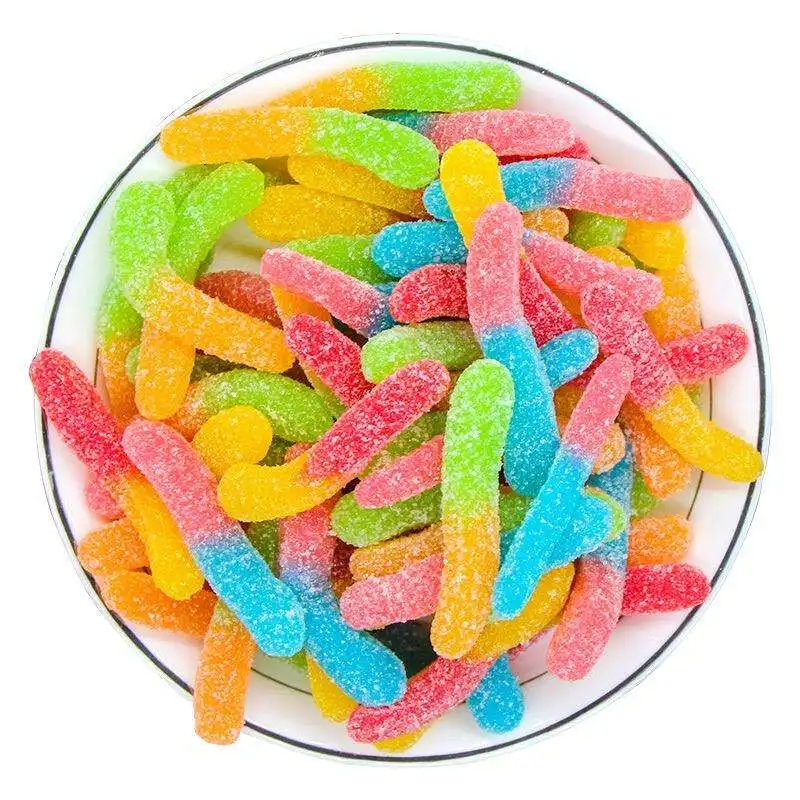 Chinese Candy Wholesalers Custom Halal Sugar Coated Bulk  Sour Worm Shape Jelly Gummy Candy