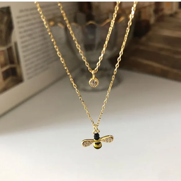 
Mini Initial Animal Bee Layered Chain Necklace Gold 925 Sterling Silver Diamond CZ stone Choker Necklace Jewelry For Women 