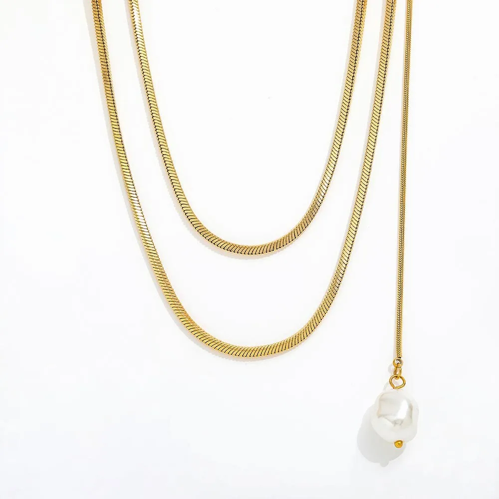 Joolim Jewelry 18K Gold Plated Double-Layer Necklace Square Snake Chain Link Vintage Pearl Pendant Stainless Steel Wholesale