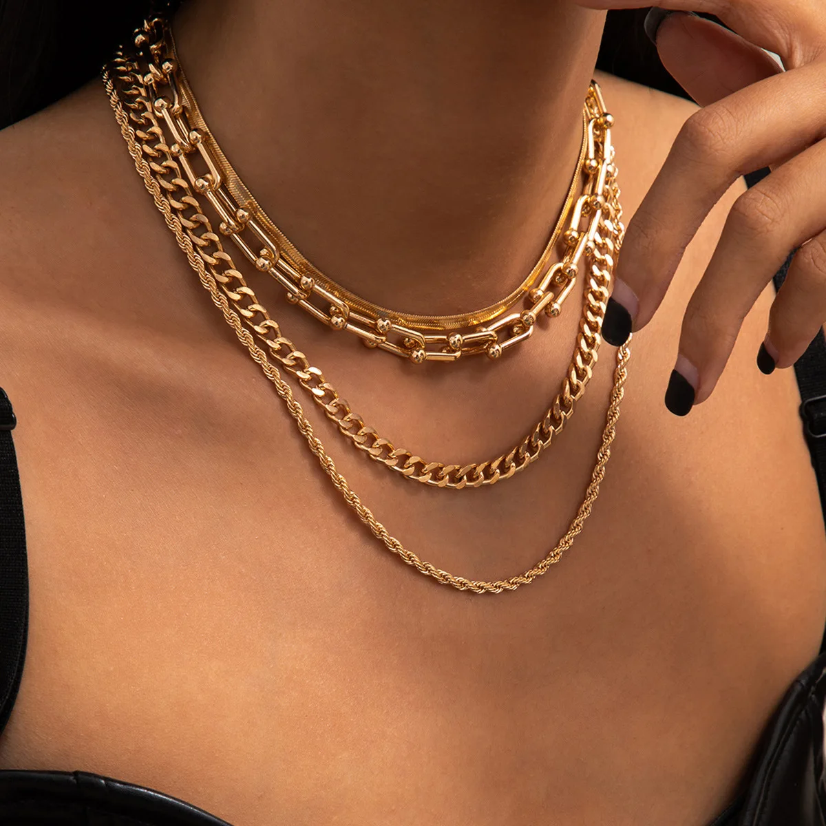 Layered Fringe Necklace Set Vintage U-Shaped Clasp Twisted Rope Chain Boho Cross-Border Accessory