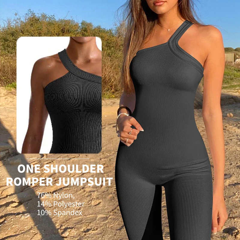 Customized Women Yoga Jumpsuits Workout Ribbed One Shoulder One Piece Sport Jumpsuits Activewear Bodysuit