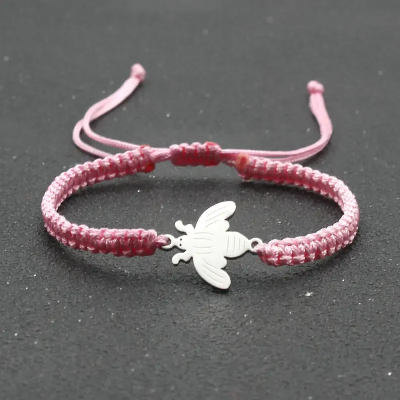 Fashion New stainless steel small bee bracelet hand woven adjustable red rope bracelet flat knot rope for men and women jewelry