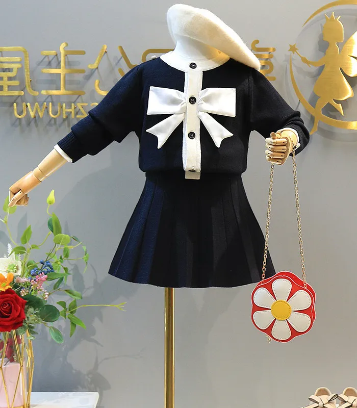 New Style Kids Children Winter Clothing Set Knitting Cardigan Skirt  Baby Girl Winter Cardigan Sweater With Bow