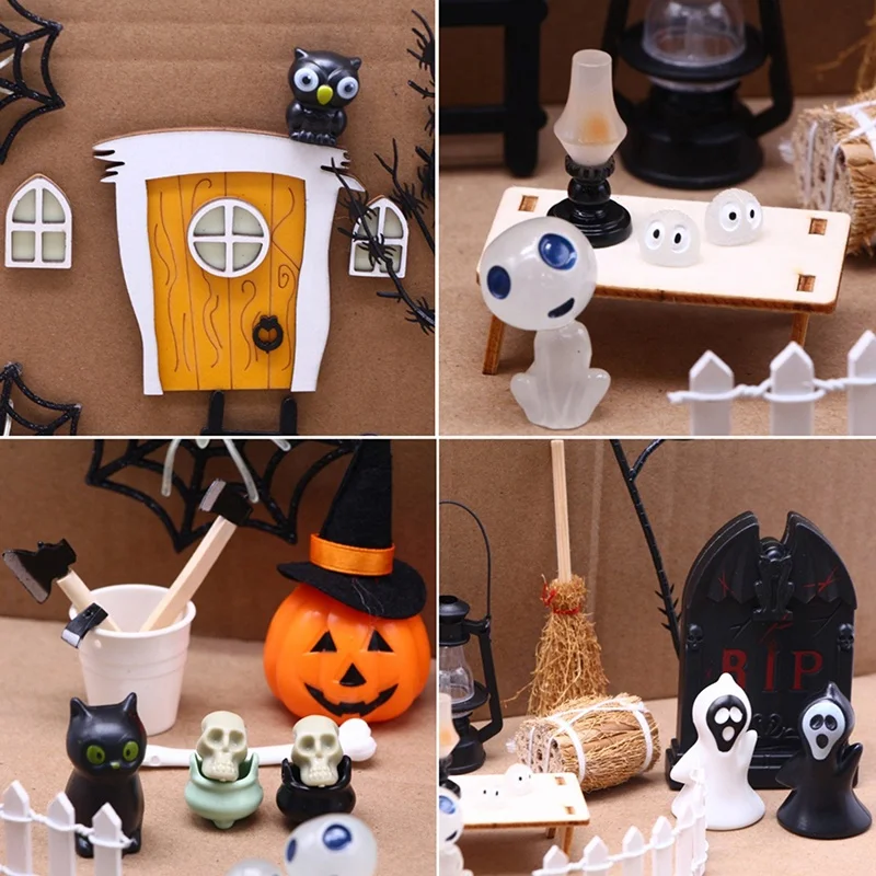 1Set 1:12 Dollhouse Halloween Horror Decor Toy Bat Skull Broom Spider Ornament Outdoor Decoration Pretend Play Toys Accessories