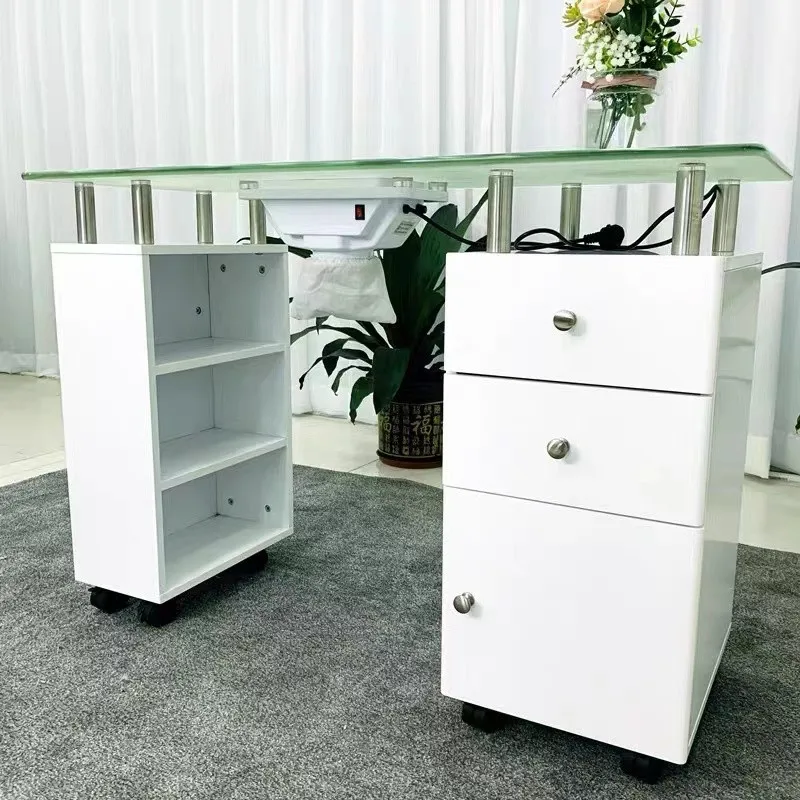 New Beauty Salon Furniture Glass Top Portable Spa White Nail Station Manicure Nail Table With Fan