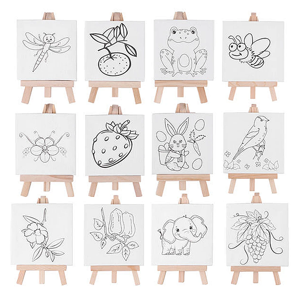 Panwenbo Kids Pre Drawn Mini Canvas And Easel Set Desktop Wooden Easel Canvas For Children Table Drawing