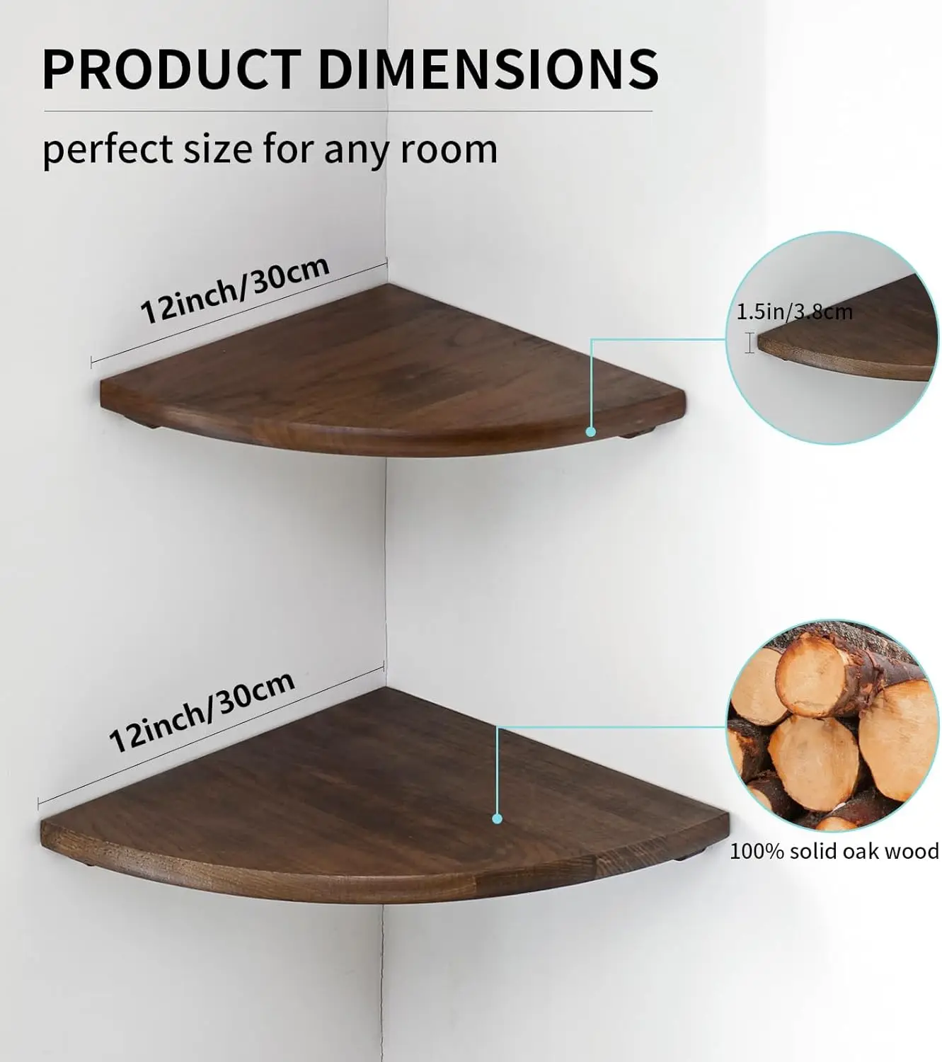 High Quality  2PCS 12inch Floating Corner Shelf Solid Oak Wood Corner Wall Shelves Round End Corner Shelves