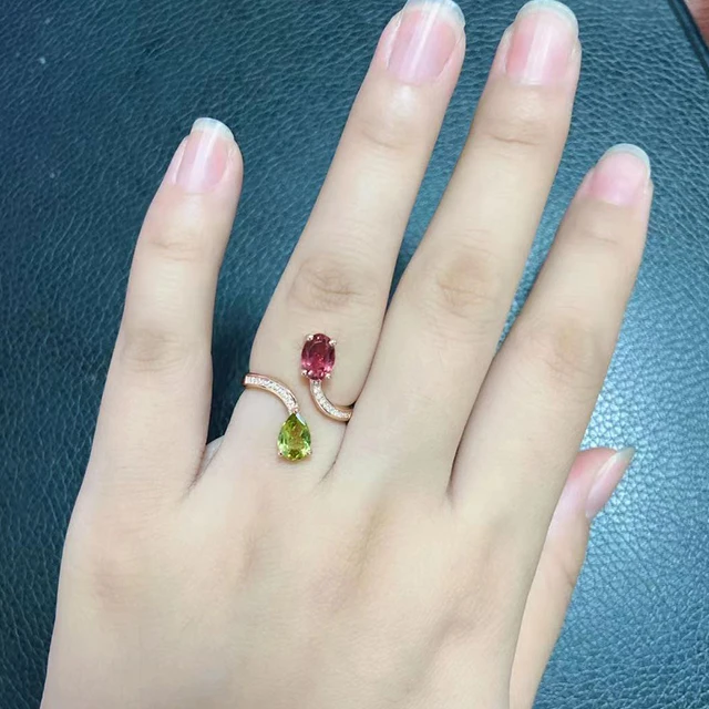 Unique design 925 sterling silver jewelry  main two stone natural tourmaline adjustable rings