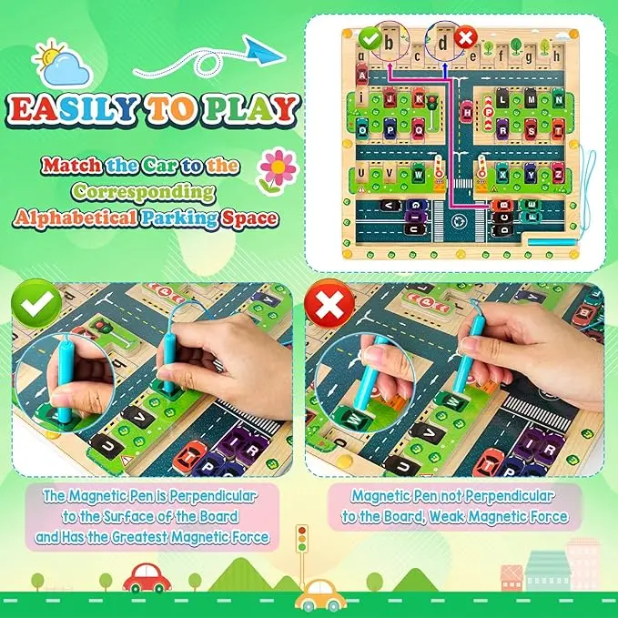 MI Magnetic Alphabet Maze Fine Motor Skills Toys Wood Puzzle Activity Board Parking Wooden Activity Board Maze Magnetic Puzzle