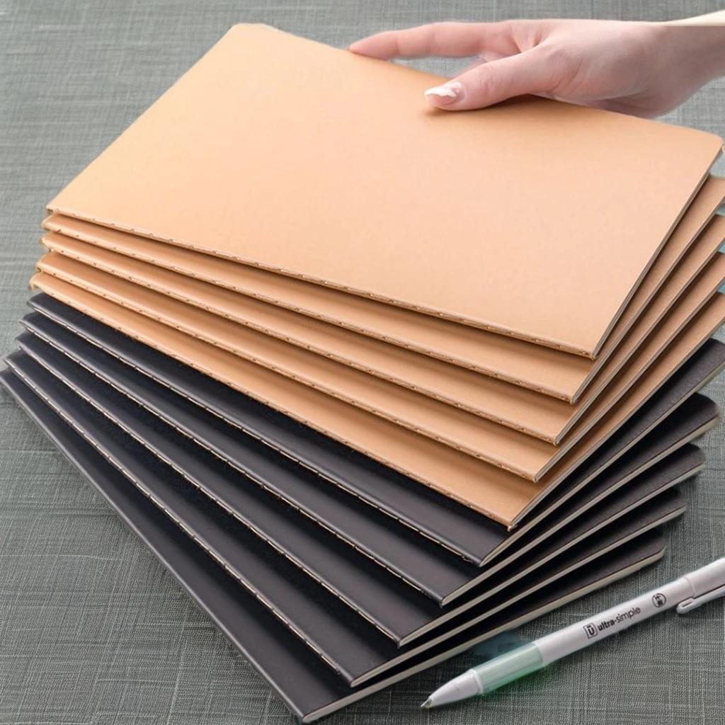 Fashionable Simple Black A5 Leather Journal Bound Sewing Lined Record Sheet Grid Creation Book for School and Personal Use