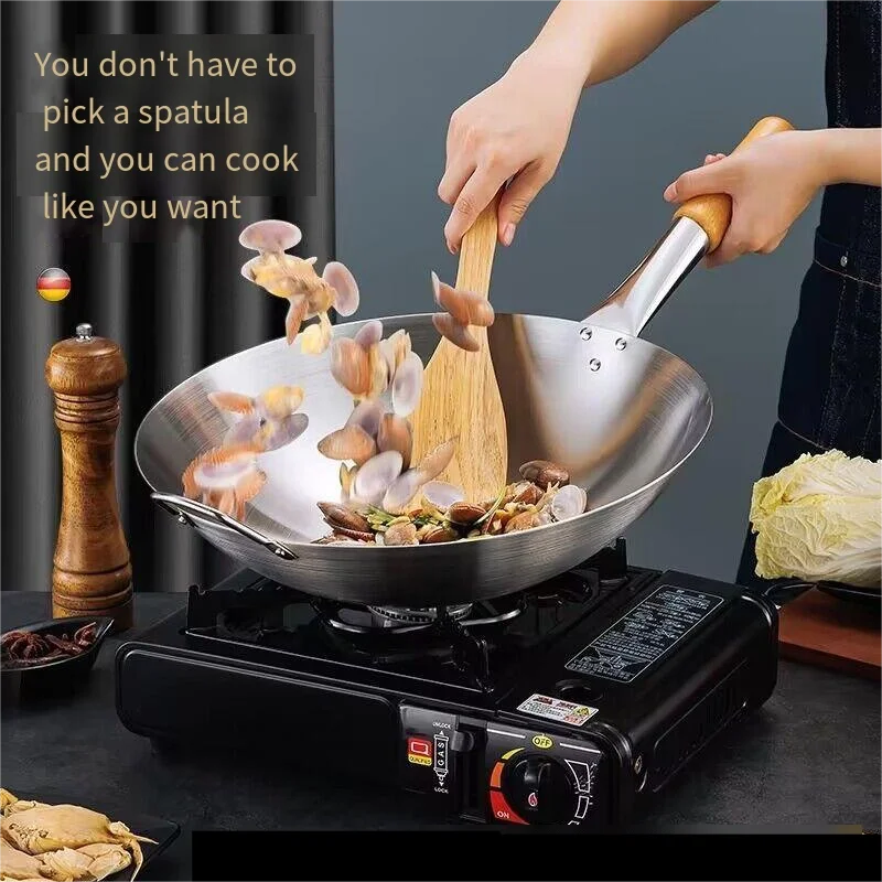 RU Stainless Steel Cooking pot Cookware, Stainless Steel Wok with wooden handle