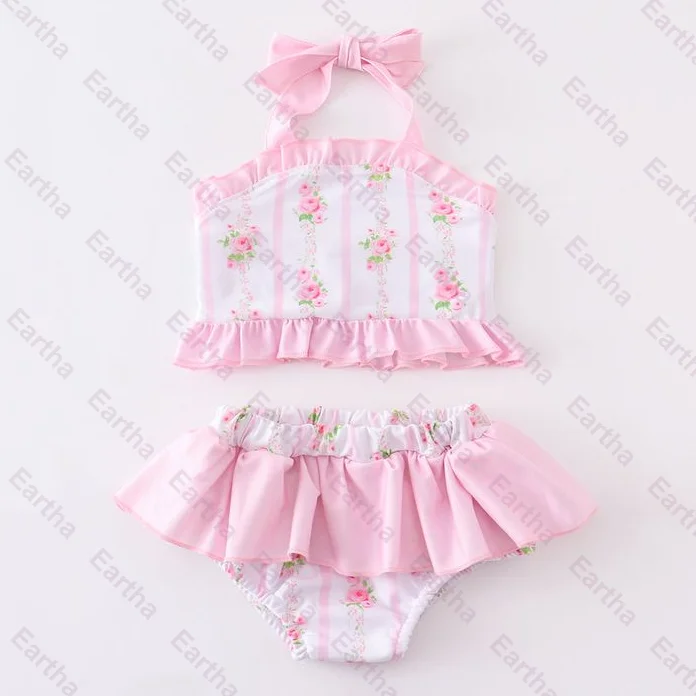 hot sale summer beach Pink floral print ruffle 2pc girl swimsuit one pieces swimwear baby girls swim wear