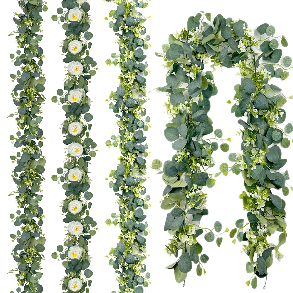 70in/5.9ft Plastic Eucalyptus Garland Artificial Flower Camellia Rattan Faux Greenery DIY Leaf Vine for Home Indoor Front Decor