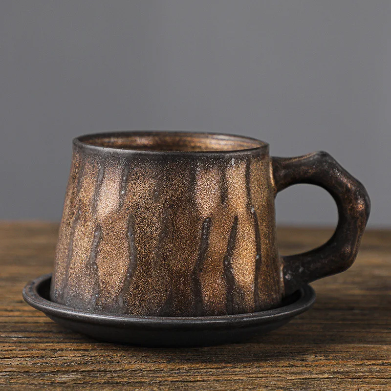 Vintage Japanese Arabic Style Ceramic Pottery Clay Coffee Mug Latte Cups Set Custom Porcelain Tea Cup and Saucers