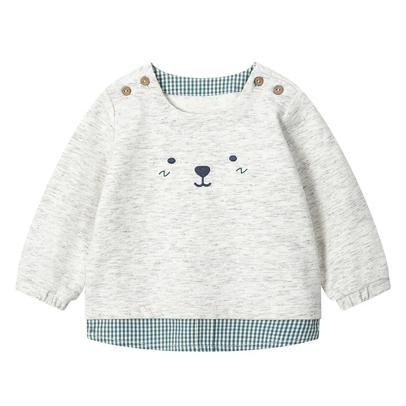 
hot selling Boy tops functional button shoulder bear face embroidery baby boy children sweatshirt 