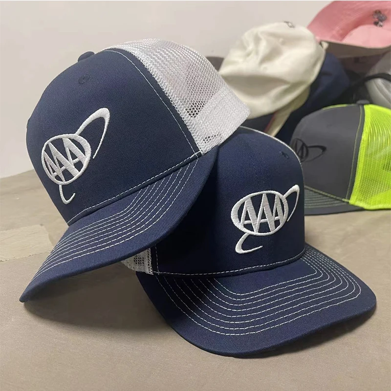 Custom Embroidery Logo Mesh Snapback Sports Caps Suede Mesh Trucker Cap  5 Panel 6 Panel 100% Cotton fabric cap