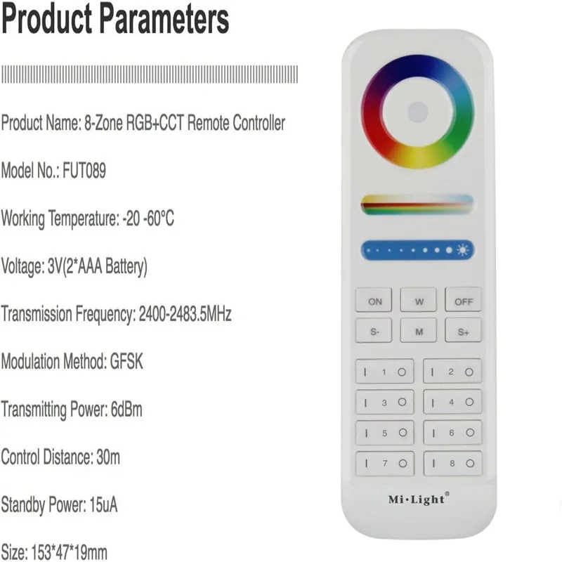 Miboxer Mi.Light 8-Zone RGB+CCT Compatible with Milight RGB+CCT FUT089 Remote 2.4Ghz Wireless 8 Zone for 5 in 1 Controller