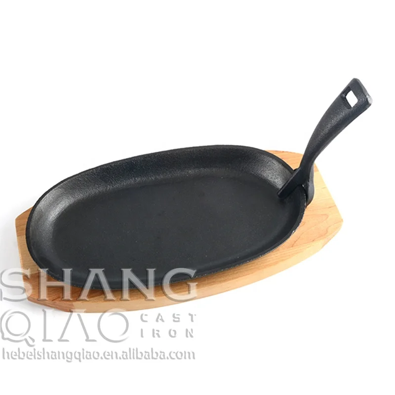 Pre-seasoned Cast Iron Sizzling Steak Plate with Wooden Base/Tray Fajita Skillet Server Plate Sizzler Pan Serving Platter