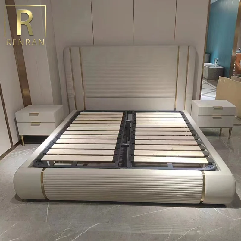 Popular modern design bedroom furniture soft beds light luxury home furniture white leather bed from foshan