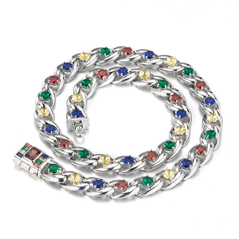 Jachon Hip Hop Silver Chain Flat Cuban Neck Link Chains For Men Boys Choker Necklace With Colorful Zircon