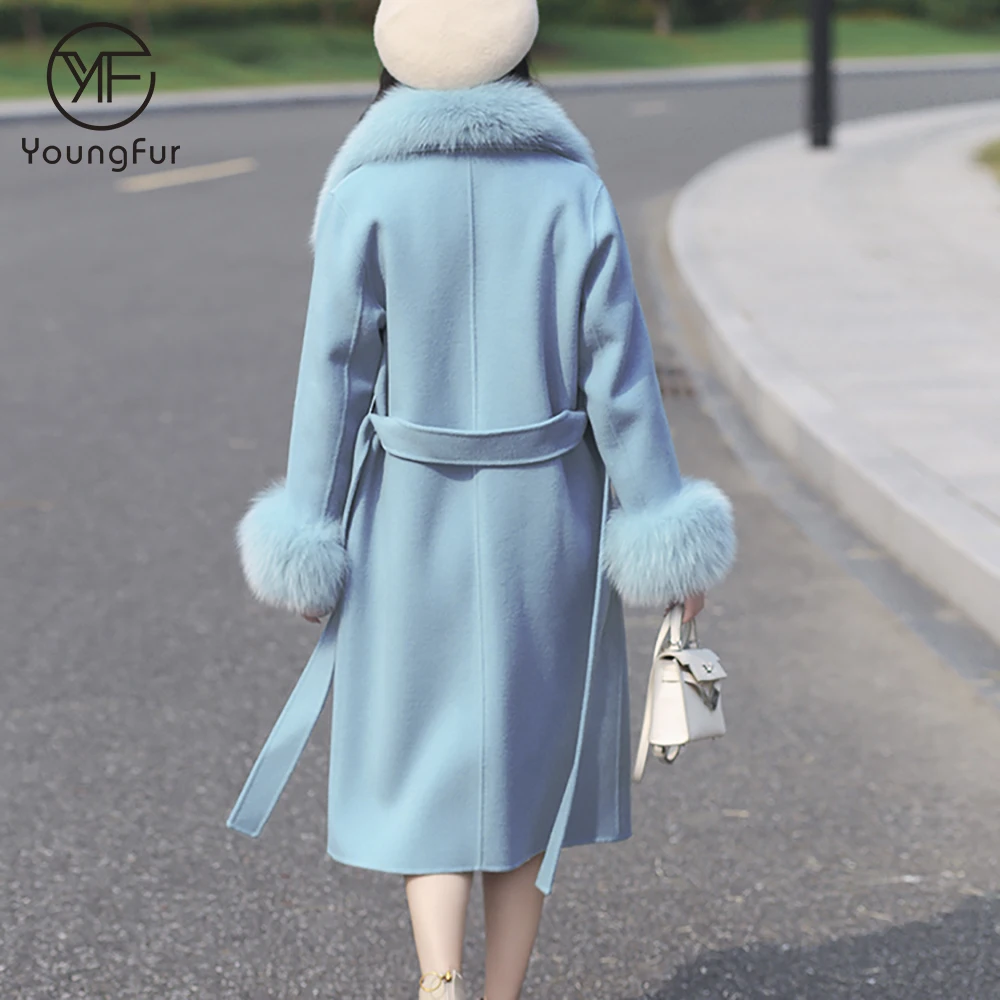 Celebrity winter clothes double breasted overcoat fox fur trimmed women jacket long length winter wool coats