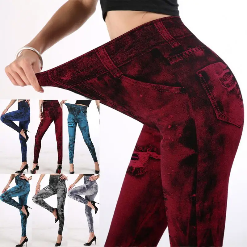 Wholesale Fashion New Women Girls fake ripped printed High Elastic Leggings Slim ladies Pants Clothes Casual