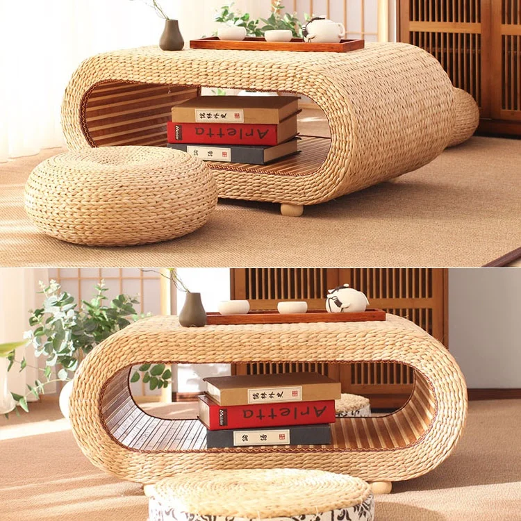 living room furniture wholesale rustic farmhouse round low small floor straw rattan tea table with mat