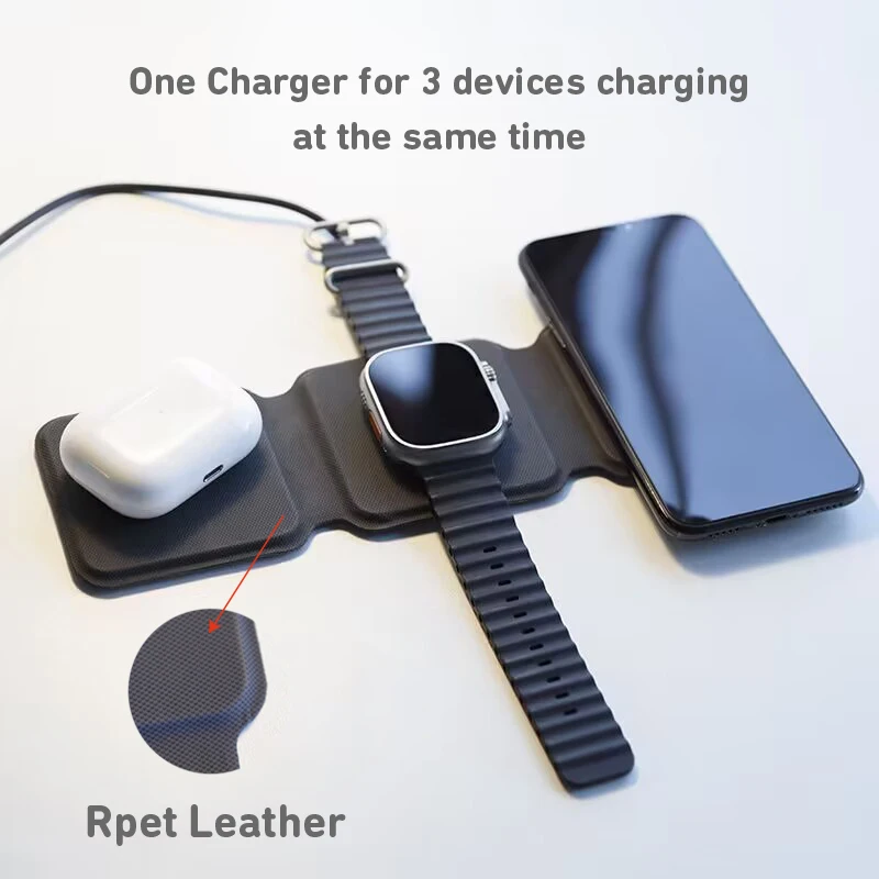 Leather Magnetic Foldable Charger Station Cellphone Headphones Smart Watch Fast Travel Charger 3 in 1 foldable wireless charger