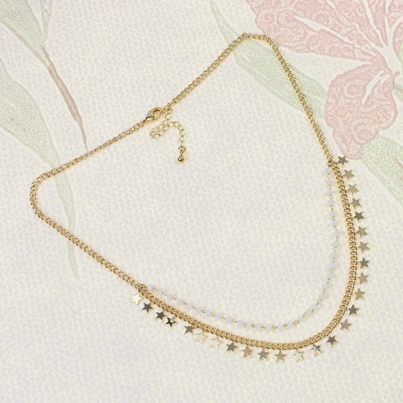 YiWu Supplier New Style Fashion Multi-Layer Beaded Cuban Chain and Star Drop Pendant Custom LOGO Necklace for Women Wholesale