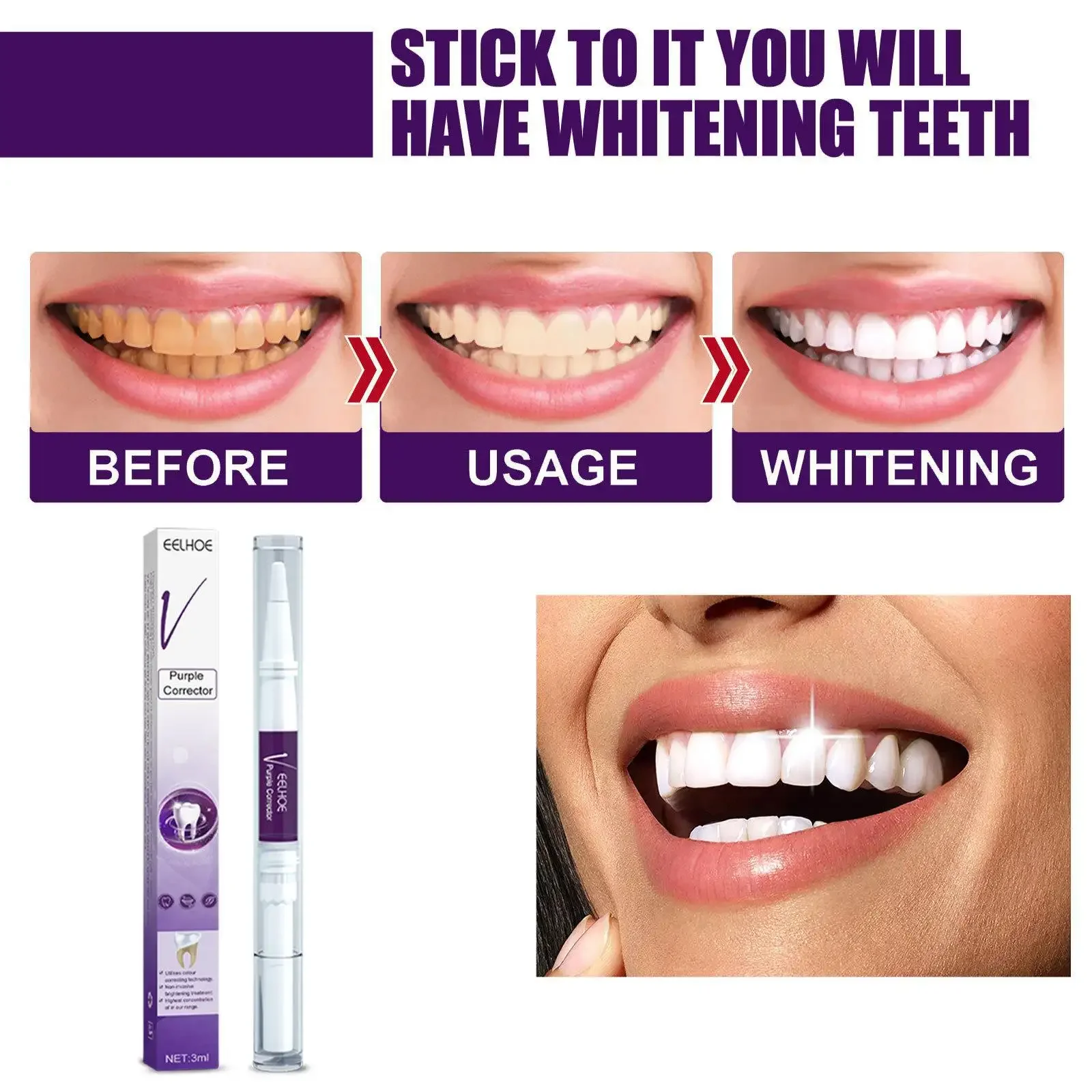 White Teeth cleaning removal of stains anti-pigmentation oral care veener tooth brush V34 Purple Toning Teeth Pencil