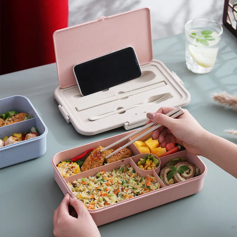 Eco Friendly Wheat Straw Fiber Bento Box Lunch Food Container Lunch Box With Fork Spoon Cutlery Set
