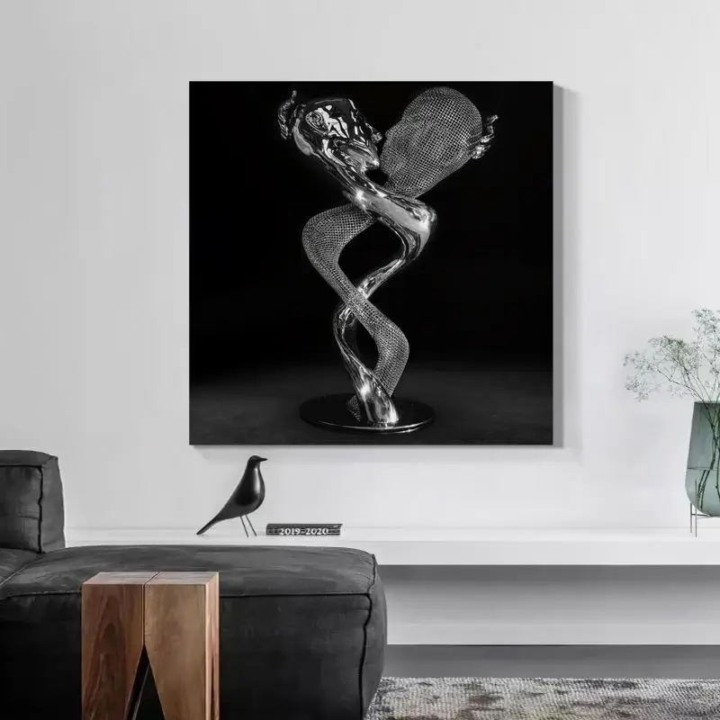 Modern human body wall 3D hug couple painting silver gold effect art love design metal figure statue geometric abstraction