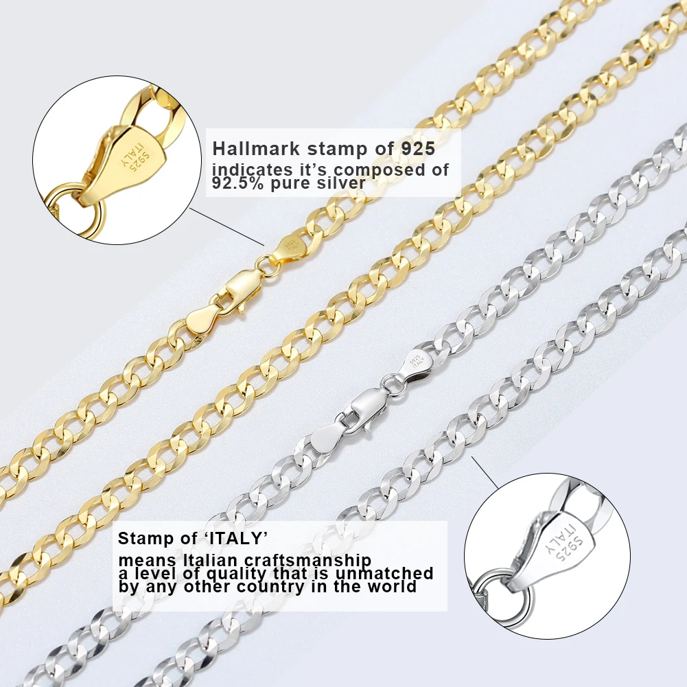 RINNTIN BSC60-3 Solid 925 Sterling Silver 18K Gold Plated Italian 3mm Diamond Cut Cuban Link Curb Chain Necklace for Women Men