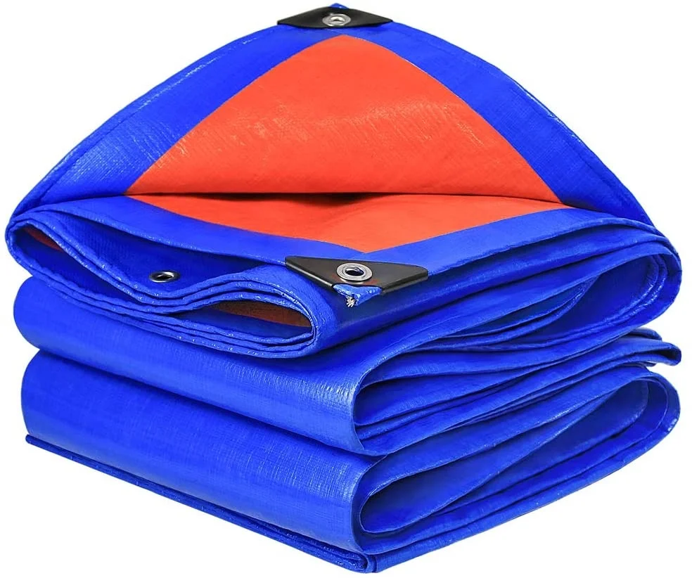 Сине-оранжевый брезент из полиэтилена с веревкой из полипропилена и алюминиевыми проушинами, водонепроницаемая ткань