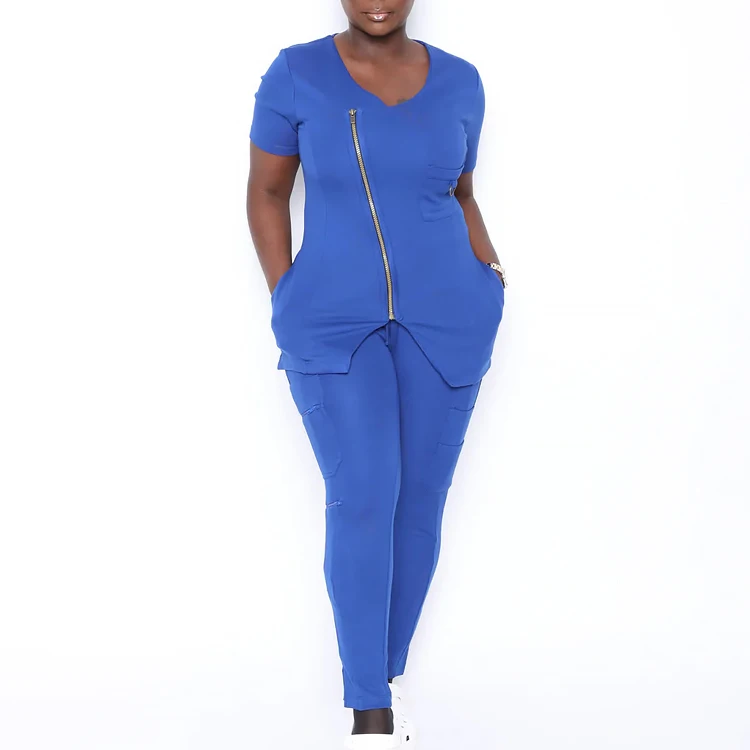 Fashionable Design Zipper Front Hospital Uniforms Medical Scrub Nurses Uniforms Scrubs Sets