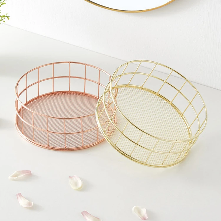 Round rose gold metal mesh table desk basket organizer for home office