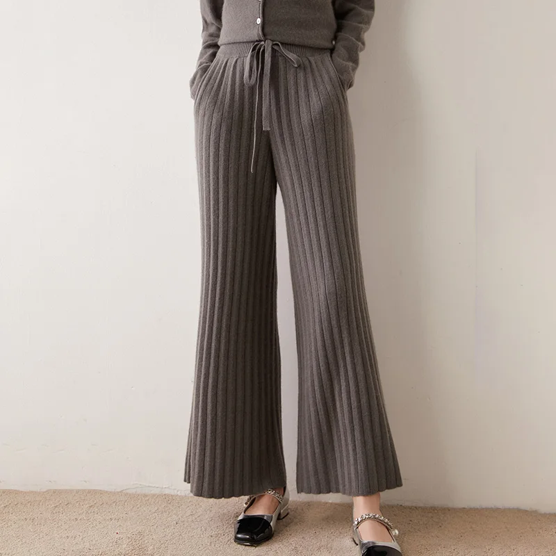 Wholesale Winter Knit Cashmere Long Wide Leg Trousers Custom Wool Cashmere Rib Knitted Pants for Women