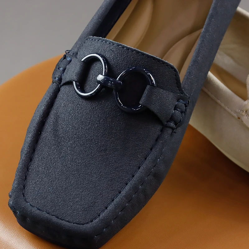 Suede Moccasin Shoes Chain Decoration Softsole Anti-slip Square Head Ladies Driving Slip On Loafers Ballet Flats
