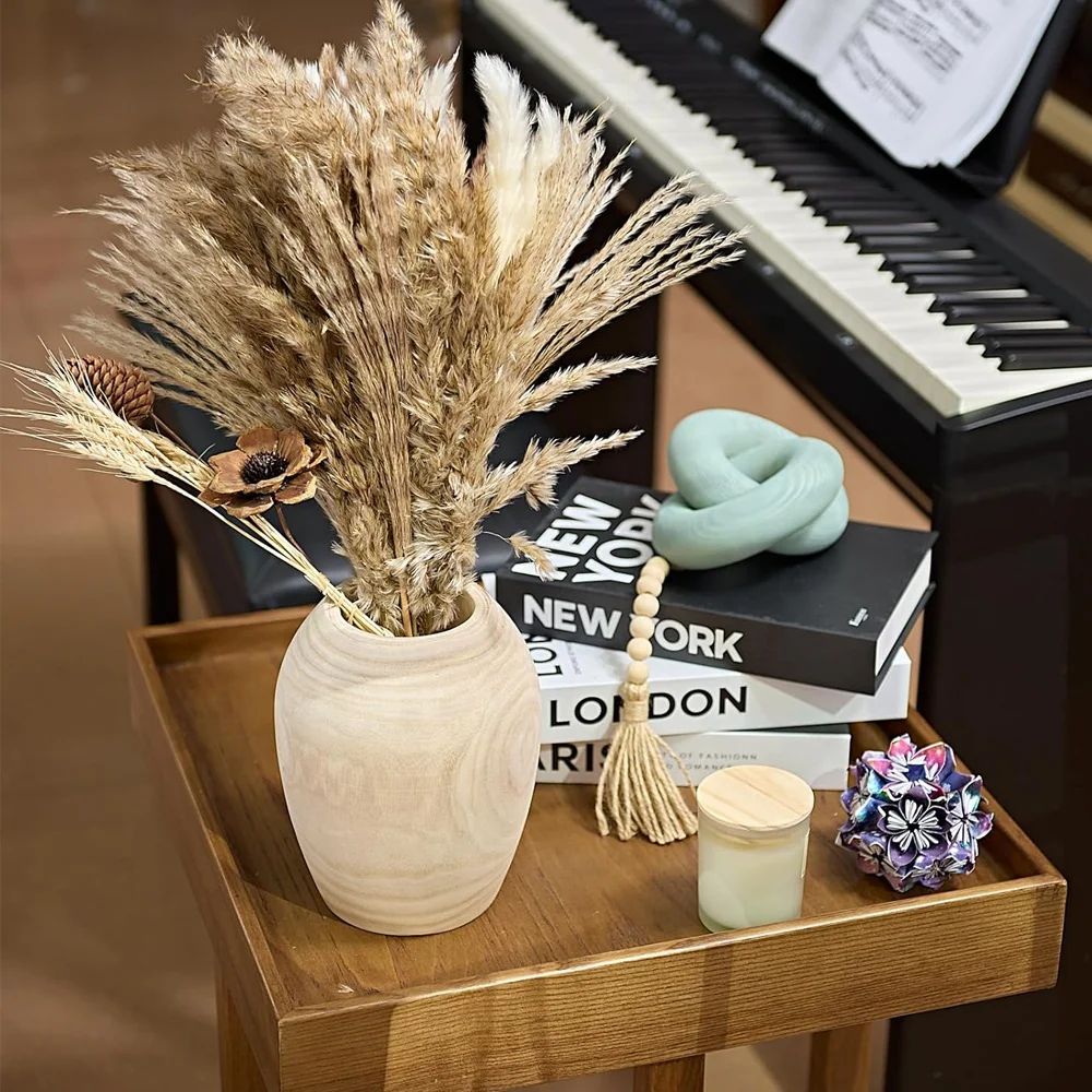 8 inches  Boho modern rustic wooden vase dried flower holder decorative wood vase for decor wood carved vase for flowers