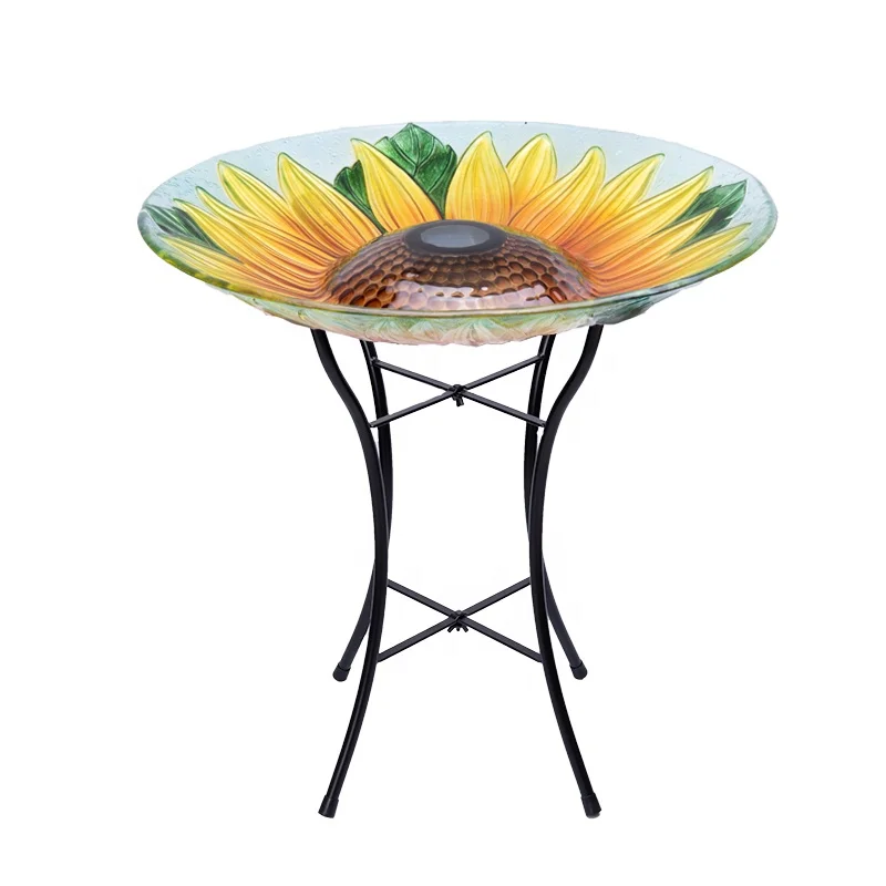 Solar LED light Glass big flower birdbaths Design Bird Bath Metal Stand With Bowl