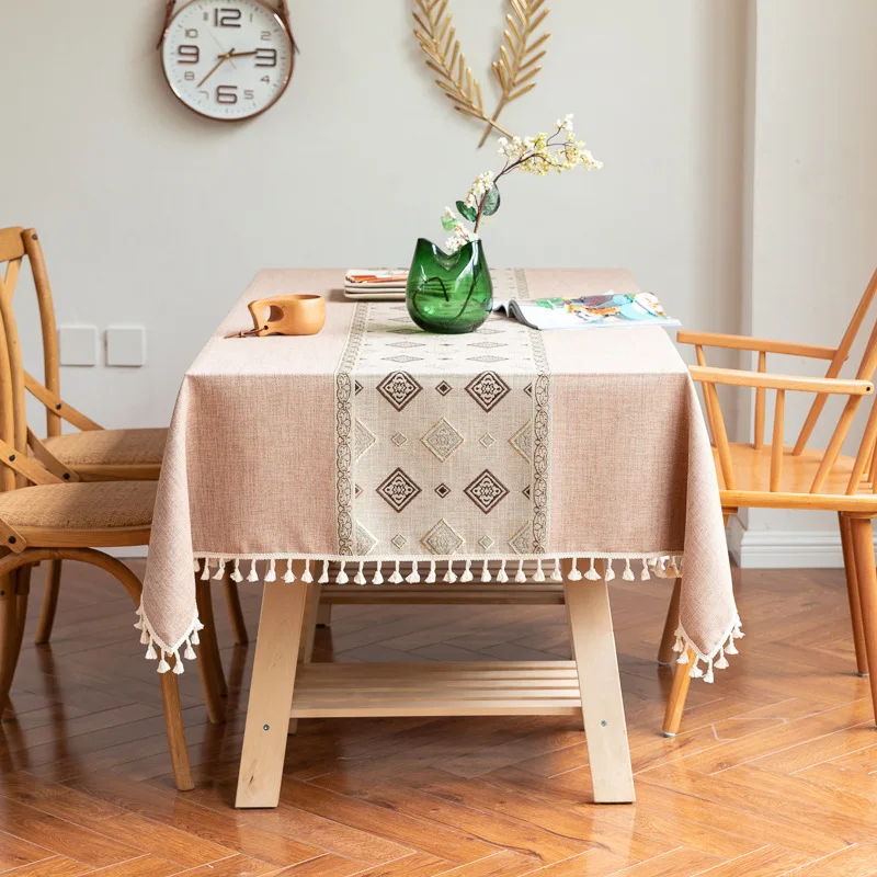 European style household cotton linen fabric tea table covers Nordic simple bamboo pattern embroidery  dining table cloth