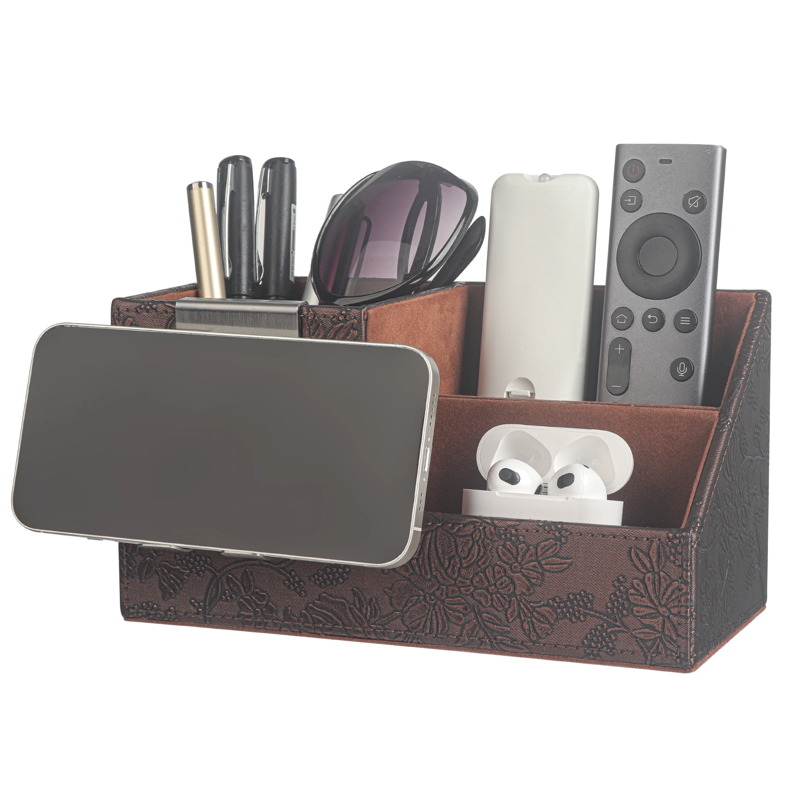 PU Leather Desk Organizer Pen Pencil Holder Business Name Cards Remote Control Holder,Cell phone with Stainless Holder