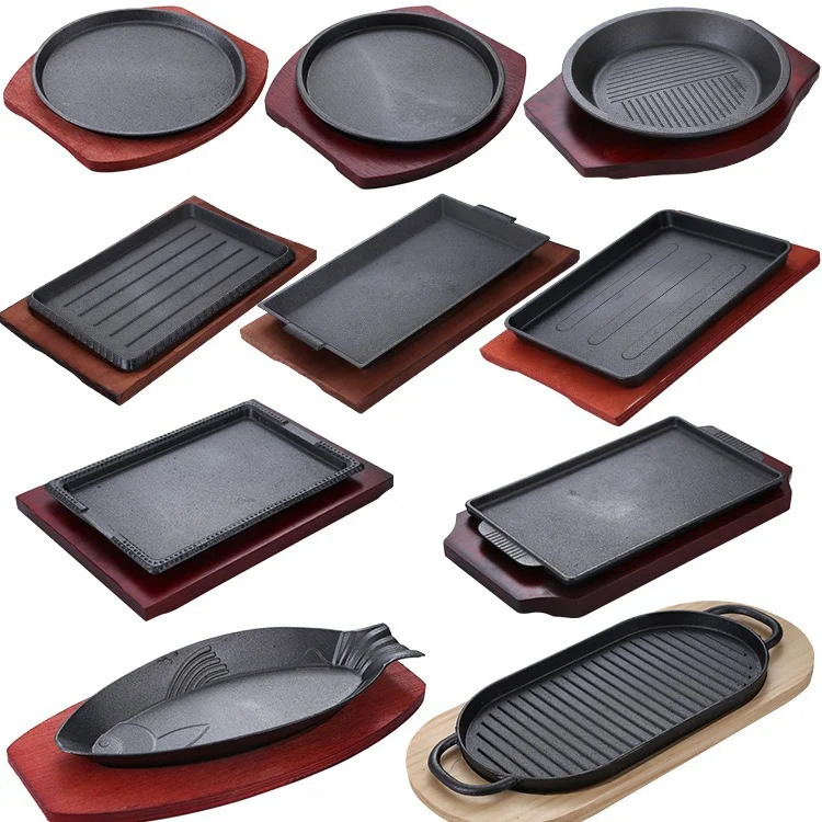Custom size shape black cast iron sizzling hot bbq grill dinner plate frying pan skillet steak plate sizzle platter