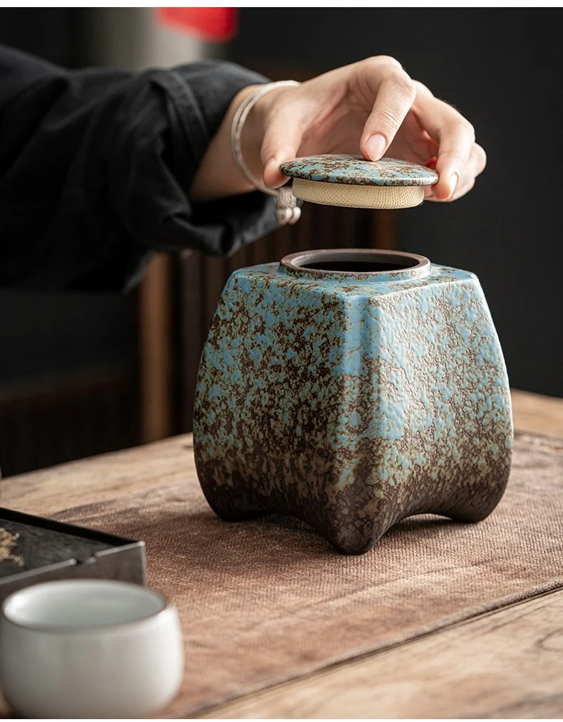 Retro Kiln Glazed Ceramic Storage Jar Rustic Airtight Canister for Tea Coffee Bean Chilli Paste