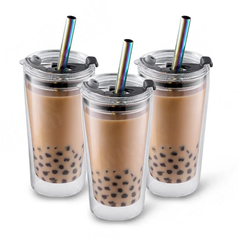Reusable Borosilicate  Double Wall Glass Boba Tumbler Bubble Mug with Wide Mouth Lid and Straw Glass tea tumbler boba travel mug